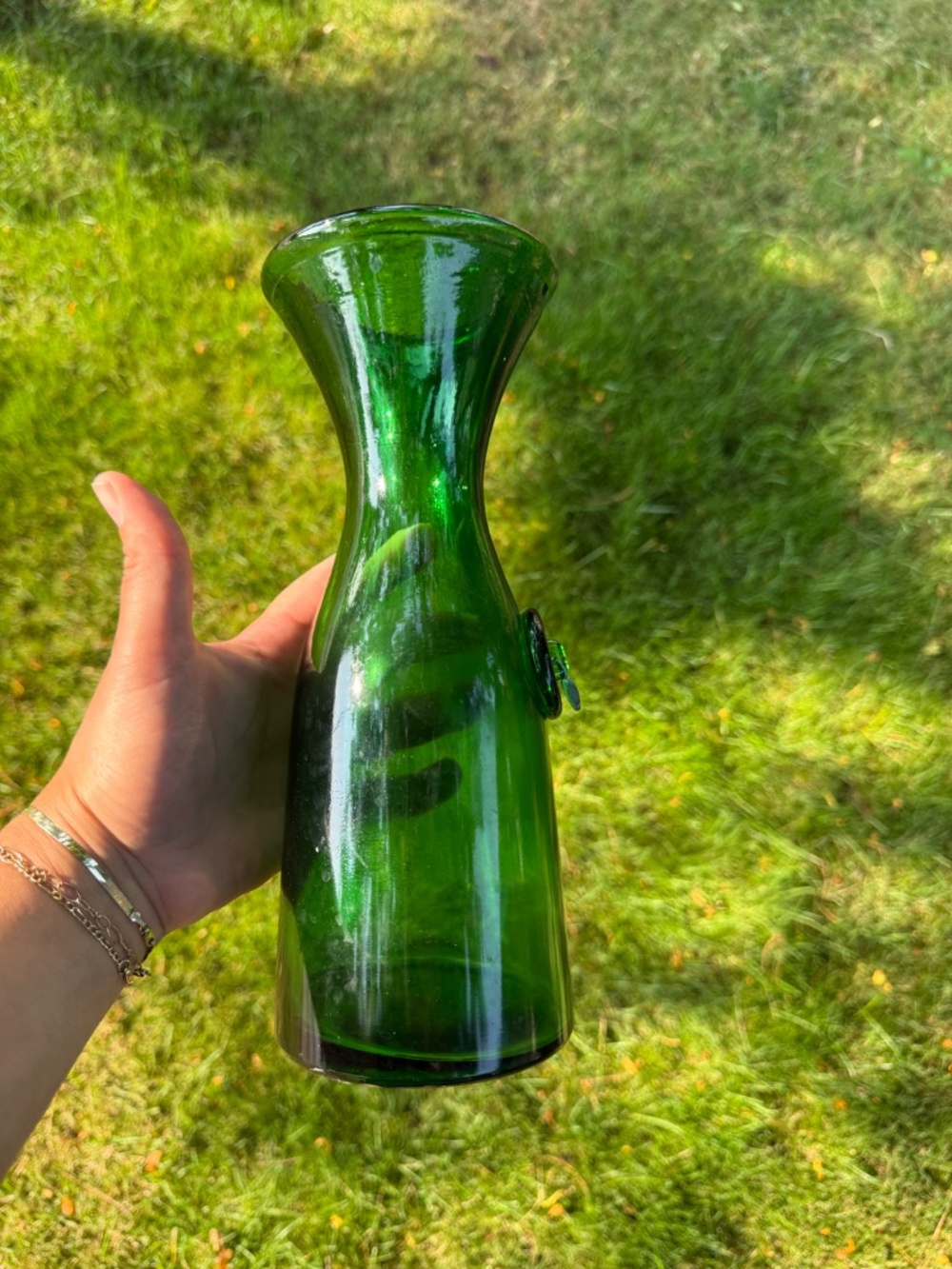 11” Vintage Green Glass Bottle Vase Unique With Metal Tag Firenze Metal Seal. - Picture 5 of 10